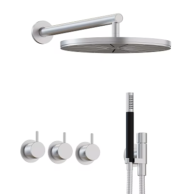 Modern Chrome Shower Faucet System With Overhead Showerhead Handheld Spray And Control Knobs 3d model