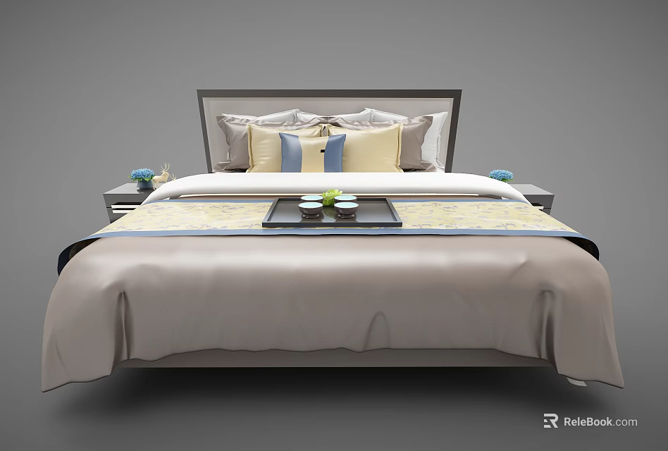 Double Bed with Dark Headboard Multiple Pillows Beige Bed Runner and Nightstands with Blue Vases 3d model 
