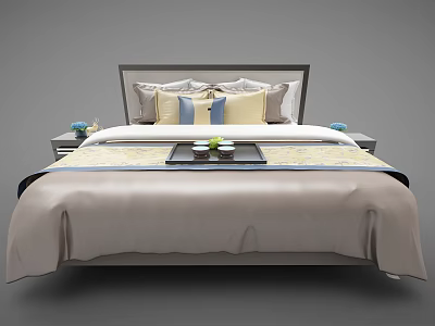 Double Bed with Dark Headboard Multiple Pillows Beige Bed Runner and Nightstands with Blue Vases 3d model