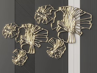 Golden Metal Line Wall Decor Featuring Floral Leaf Design On Dark Striped Background 3d model