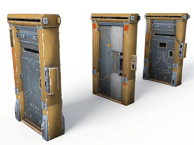 Three Futuristic Industrial Metal Doors With Control Panels And Wear Details 3d model