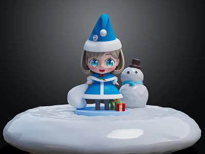 Cute Christmas Girl Doll In Blue Coat With Santa Hat And Snowman On Snowy Platform 3d model