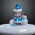 Cute Christmas Girl Doll In Blue Coat With Santa Hat And Snowman On Snowy Platform