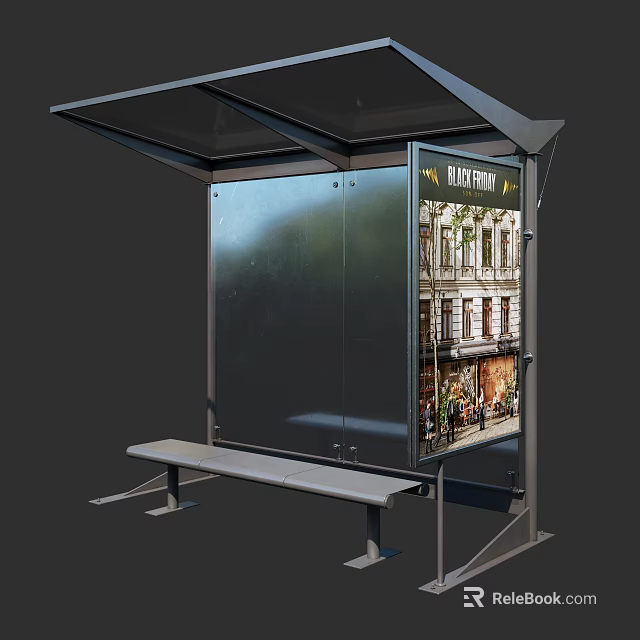 Modern Bus Stop Shelter With Bench Billboard And Building Street View 3d model 