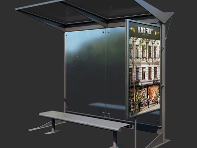 Modern Bus Stop Shelter With Bench Billboard And Building Street View 3d model