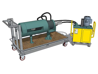 Green Cylindrical Industrial Equipment With Wheeled Cart Yellow Control Box And Black Cables 3d model
