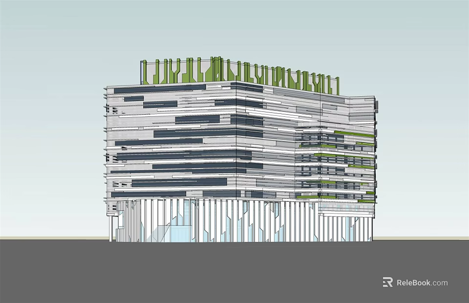 Modern Office Building Architectural Design With Green Roof And Horizontal Exterior Lines 3d model 