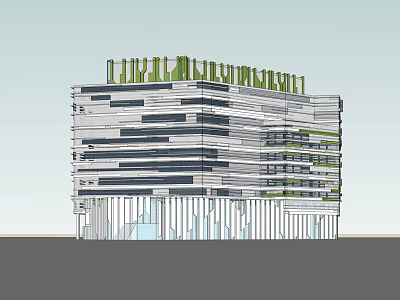 Modern Office Building Architectural Design With Green Roof And Horizontal Exterior Lines 3d model