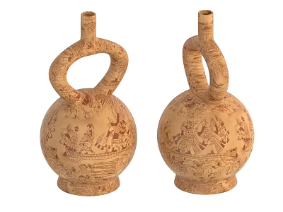 Two Traditional Ceramic Vases With Twisted Handles And Intricate Carved Patterns 3d model