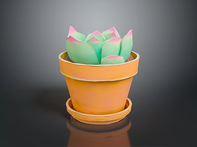 Succulent Plant with Green and Pink Leaves in Orange Pot with Saucer on Dark Surface 3d model