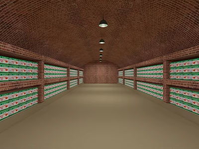 Vaulted Brick Storage Cellar with Rows of Shelves Bottles and Hanging Lights 3d model