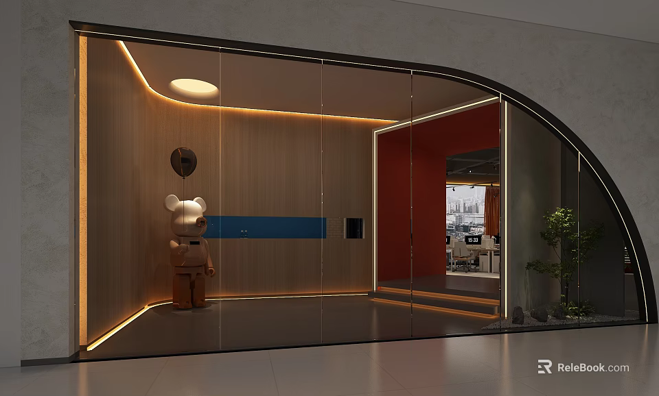 Modern Public Office Space With Glass Doors Wooden Walls Orange Accents Lighting And Green Plants 3d model 