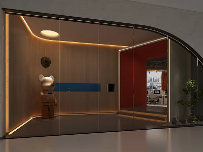 Modern Public Office Space With Glass Doors Wooden Walls Orange Accents Lighting And Green Plants 3d model