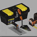 Black and Yellow Hardware Toolbox with Orange Handle Trowel Scraper Tape Measure Allen Wrenches