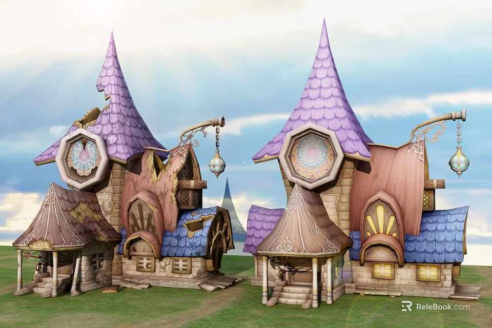 Whimsical Cartoon Scene With Purple Spires Colorful Rooftops And Clock Tower 3d model 