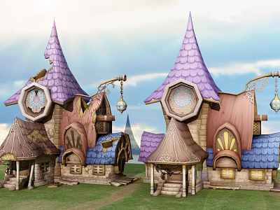 Whimsical Cartoon Scene With Purple Spires Colorful Rooftops And Clock Tower 3d model