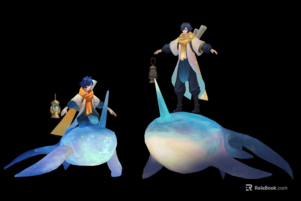 Robed Characters With Lanterns Riding And Standing By Glowing Blue White Mythical Creatures 3d model 