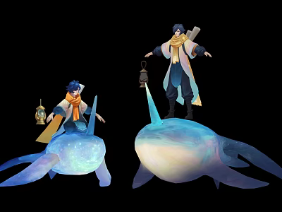Robed Characters With Lanterns Riding And Standing By Glowing Blue White Mythical Creatures 3d model
