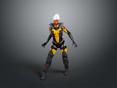 Futuristic Game Movie Character In Yellow Black Armor With White Hair And Red Facial Features Standing 3d model