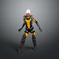 Futuristic Game Movie Character In Yellow Black Armor With White Hair And Red Facial Features Standing