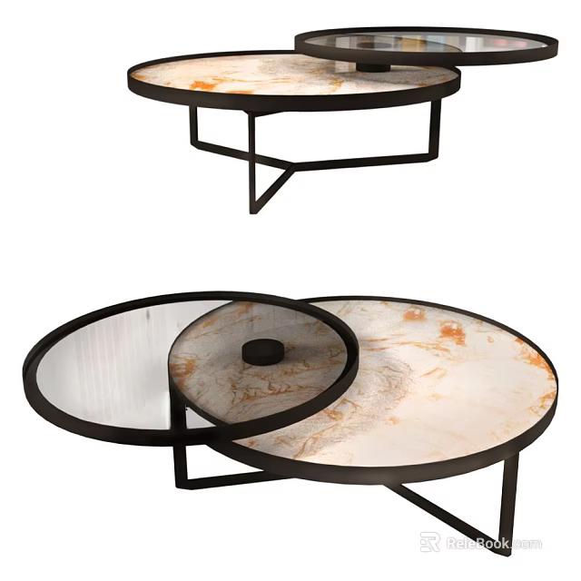 Modern Nested Round Coffee Table with Marble Top and Black Metal Frame 3d model