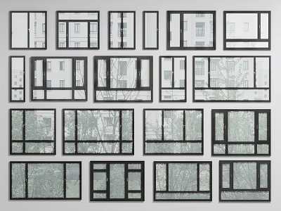 Different Modern Window Styles With Black Frames And Various Designs On 3d model