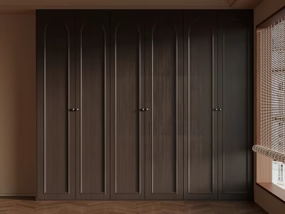 Modern Dark Wood Wardrobe Design With Multiple Paneled Doors And Metal Handles In Elegant Room 3d model