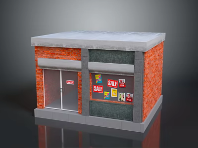 Small Retail Building Red Brick Exterior With Glass Door And Sale Signs On Window 3d model