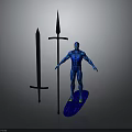 Detailed Blue 3D Human Figure Scene With Sword Spear And Surfboard