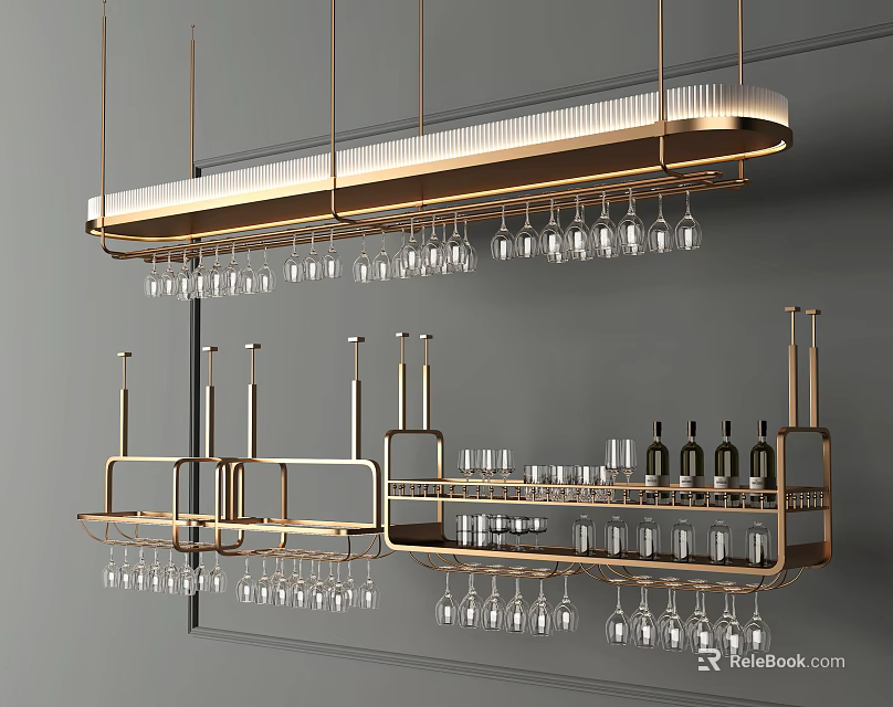 Elegant Modern Wine Cabinet With Gold Metal Frame Hanging Glasses And Wine Storage 3d model 