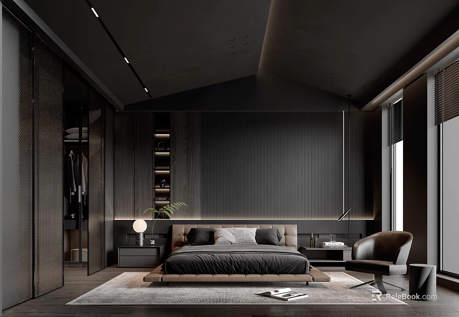 Modern Dark Bedroom Interior With Ribbed Wall Bed Armchair Rug And Open Wardrobe 3d model 