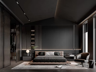Modern Dark Bedroom Interior With Ribbed Wall Bed Armchair Rug And Open Wardrobe 3d model