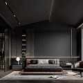 Modern Dark Bedroom Interior With Ribbed Wall Bed Armchair Rug And Open Wardrobe