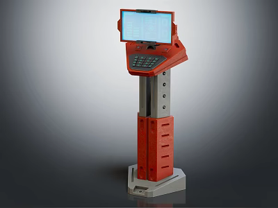 Red Self Service Computer Kiosk With Touch Screen And Keypad Stand Design 3d model