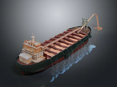 Wooden Cargo Ship With Deck Crane Unloading Cargo Over Water Surface Ripples 3d model