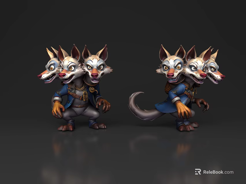 Three Headed Reptile Character Wearing Blue Clothes In Standing Cartoon Game Design 3d model 