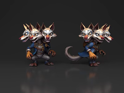 Three Headed Reptile Character Wearing Blue Clothes In Standing Cartoon Game Design 3d model