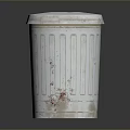Silver Trash Can With Lid Striped Design Showing Red Stains On Dark Surface