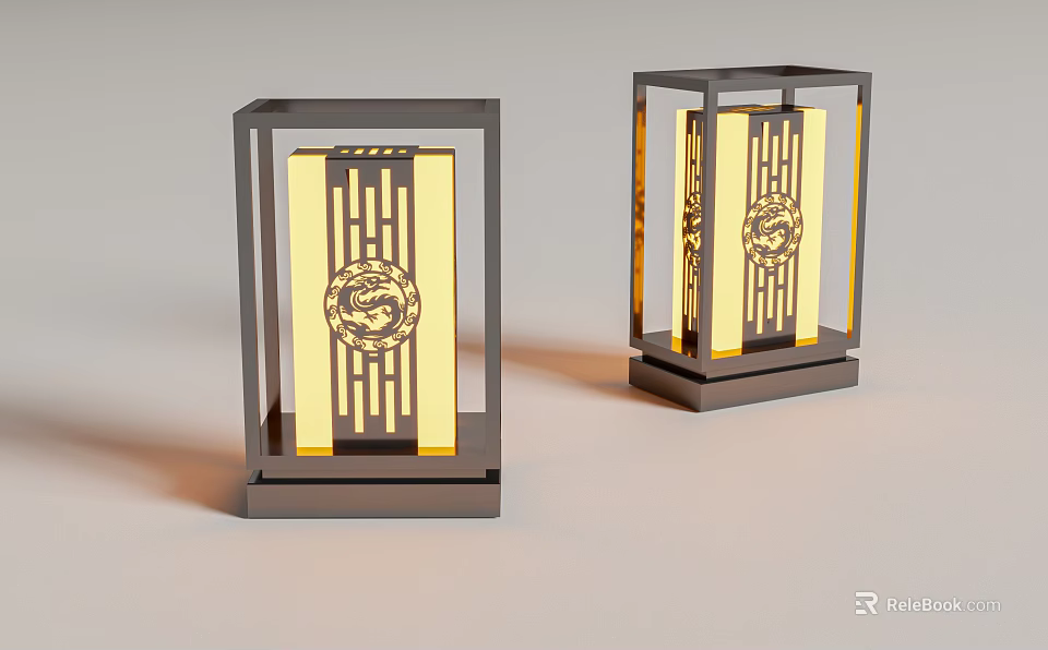 Modern Chinese Style Outdoor Lights with Square Black Frame and Golden Traditional Pattern 3d model 