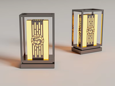 Modern Chinese Style Outdoor Lights with Square Black Frame and Golden Traditional Pattern 3d model