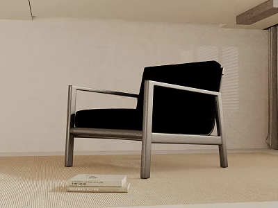 Black Fabric Accent Chair With Silver Metal Frame In Light Carpet Living Room With Book 3d model