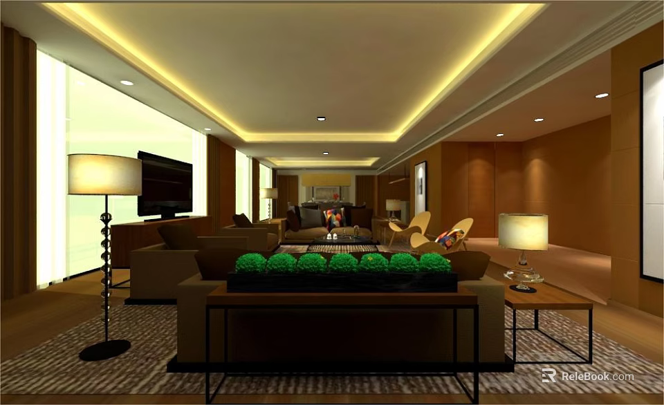 Modern Hotel Guest Room Interior With Comfortable Sofa Coffee Table TV Decorative Plants And Lamps 3d model 