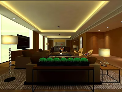 Modern Hotel Guest Room Interior With Comfortable Sofa Coffee Table TV Decorative Plants And Lamps 3d model