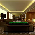 Modern Hotel Guest Room Interior With Comfortable Sofa Coffee Table TV Decorative Plants And Lamps