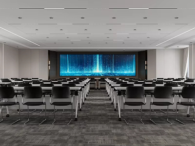 Modern Conference Room Interior With Rows Of Tables Chairs And Large Digital Screen 3d model