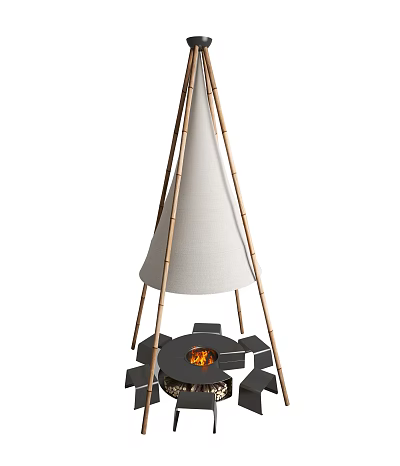 Modern Cone Shaped Outdoor Fire Pit With Bamboo Poles And Burning Fire 3d model