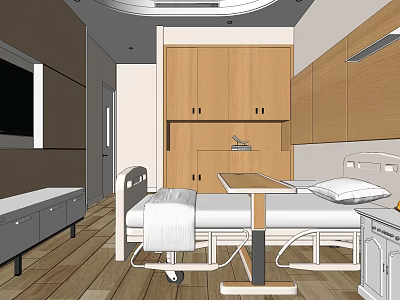 Hospital Room Interior With Medical Bed Wooden Cabinets TV And Bedside Table 3d model