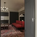 Bright Living Dining Room With Dark Bookshelves Red Sofa Large Windows White Curtains And Greenery