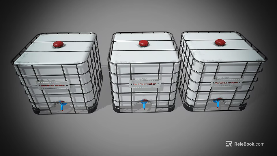 Industrial Storage Tanks With Red Caps Blue Valves And Metal Frames Three In A Row 3d model 