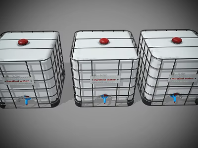 Industrial Storage Tanks With Red Caps Blue Valves And Metal Frames Three In A Row 3d model